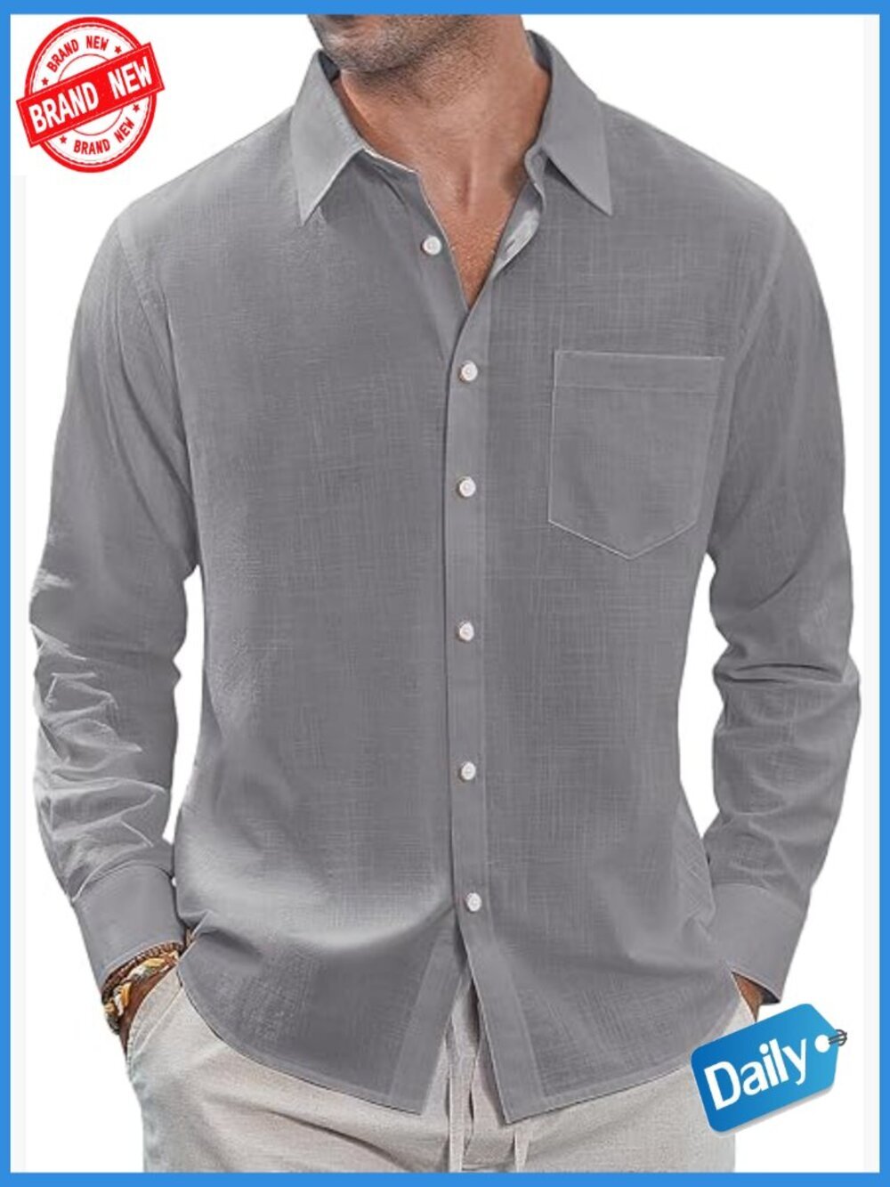 Men's Linen Casual Button Down Long Sleeve Shirt Spread Collar